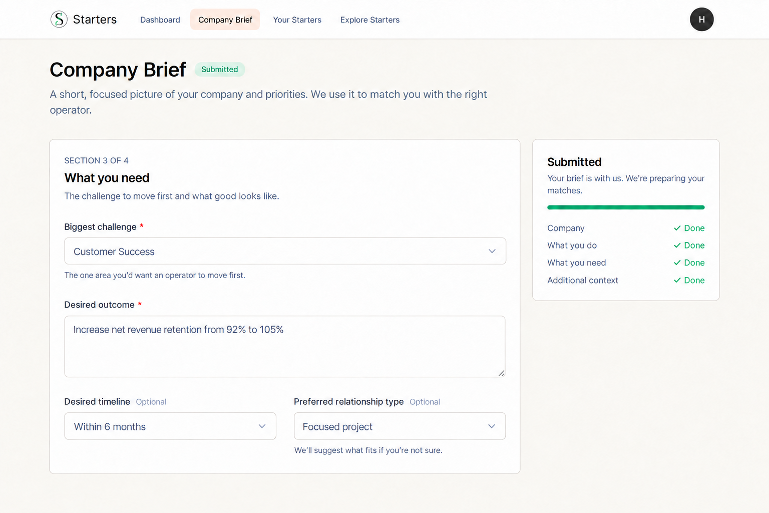 Submitted Starters Company Brief showing the company priority and desired outcome