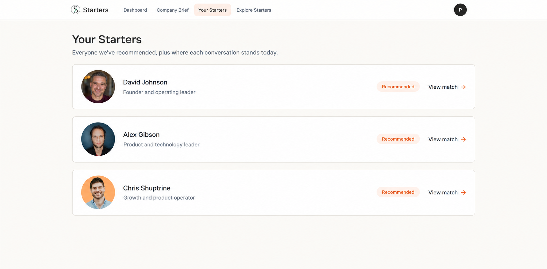 Curated Starters matches in the Starters application