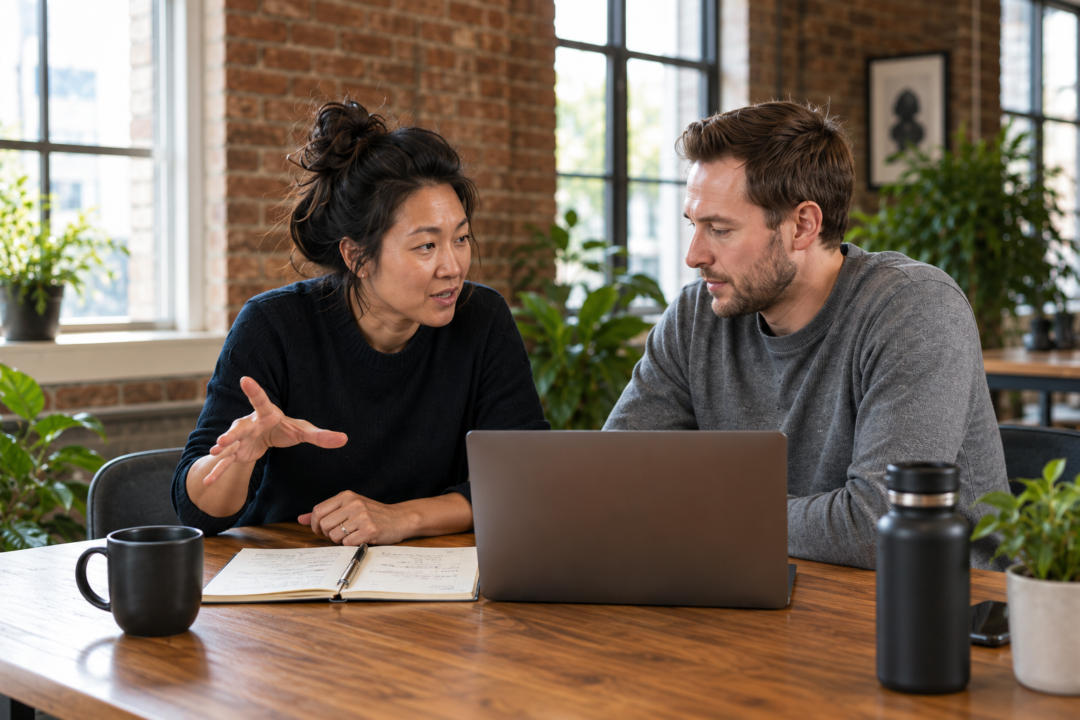 Two startup operators working together at a table